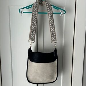 Ahdorned  Black and Cream Vegan Leather Messenger Bag with Geometric Straps